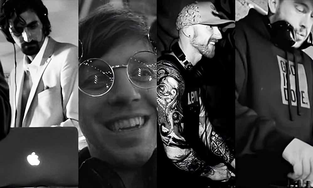 Collage of five black and white portraits with various poses and expressions.