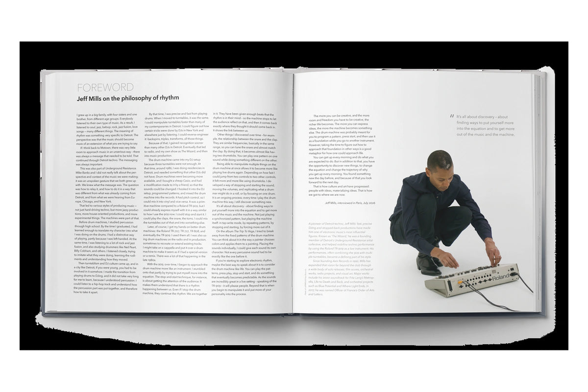 BEAT GEMS open book showing the Jeff Mills foreword and accompanying photograph