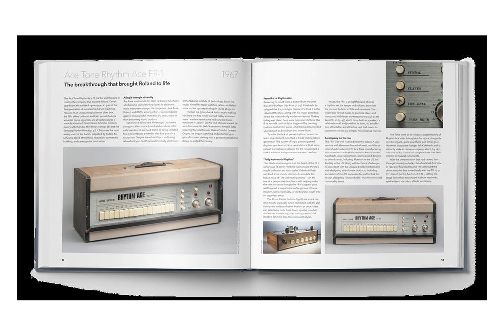 BEAT GEMS open book showing Ace Tone drum machines and their design history