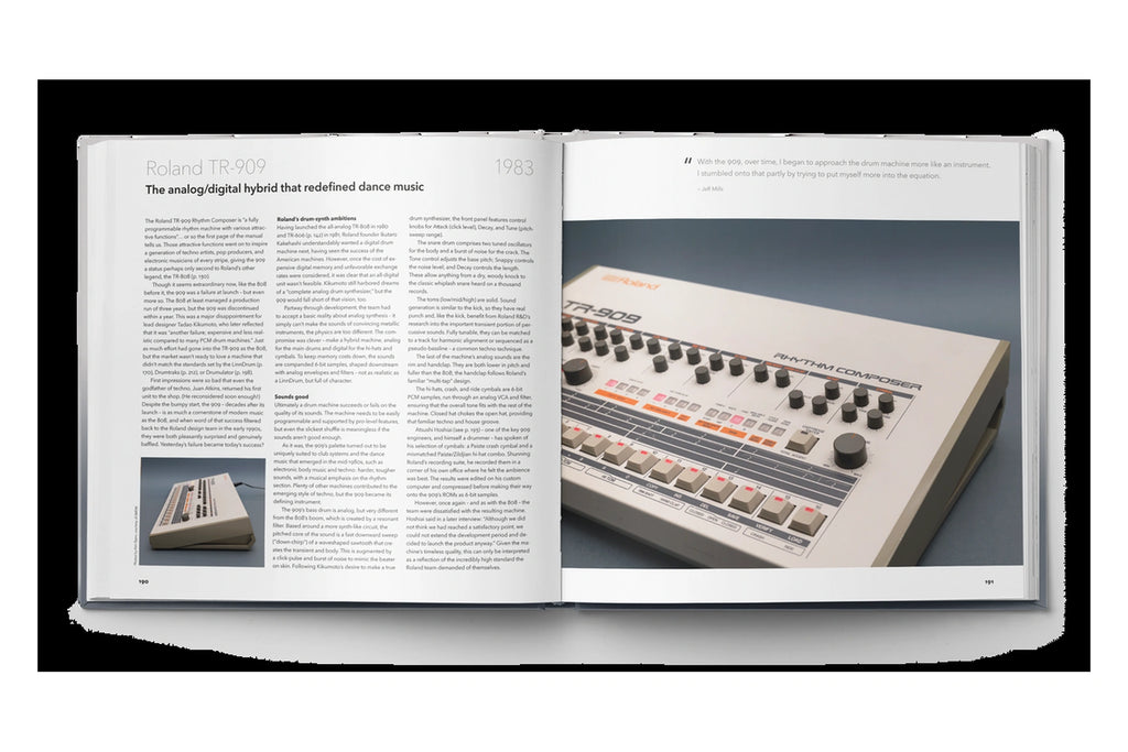 BEAT GEMS open book showing the Roland TR-909 drum machine and its history