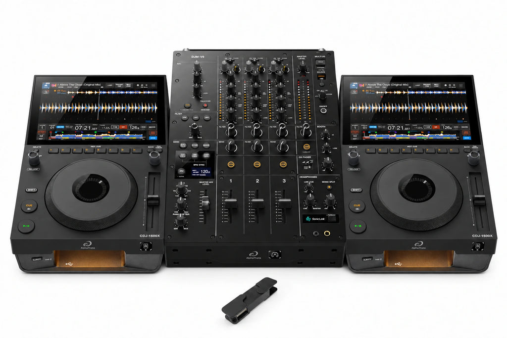 Two AlphaTheta CDJ-1500X players aligned with a DJM-V5 mixer and included black Chroma USB Drive