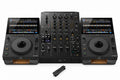 Two AlphaTheta CDJ-1500X players aligned with a DJM-V5 mixer and included black Chroma USB Drive