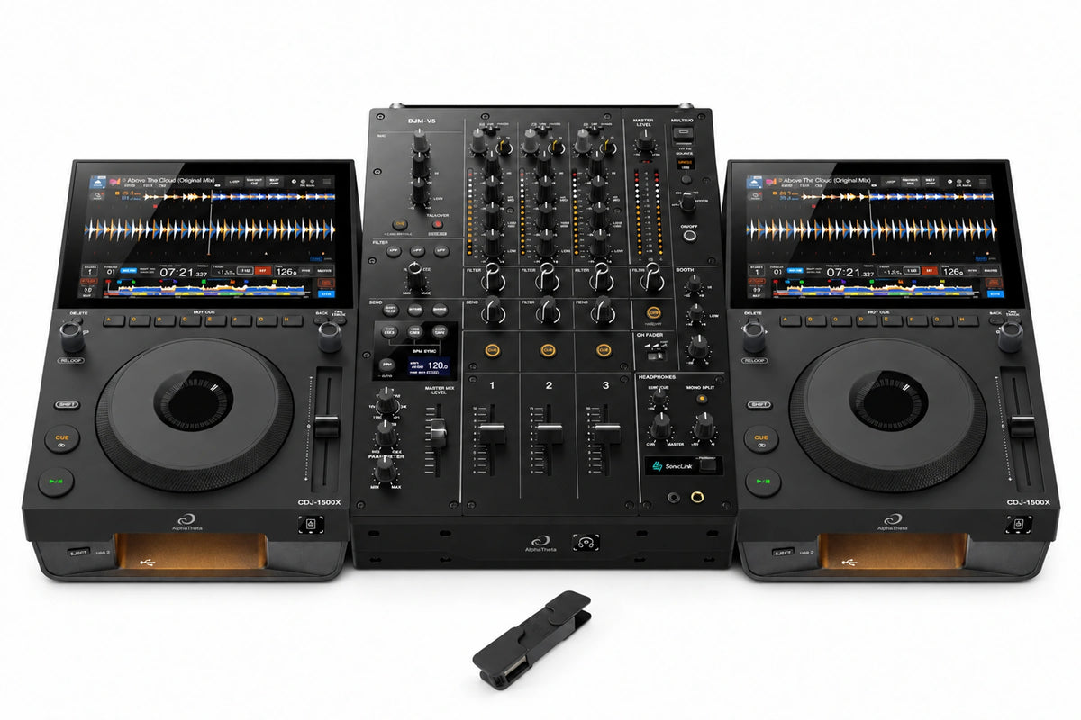 Two AlphaTheta CDJ-1500X players aligned with a DJM-V5 mixer and included black Chroma USB Drive