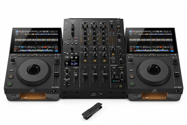 Two AlphaTheta CDJ-1500X players aligned with a DJM-V5 mixer and included black Chroma USB Drive