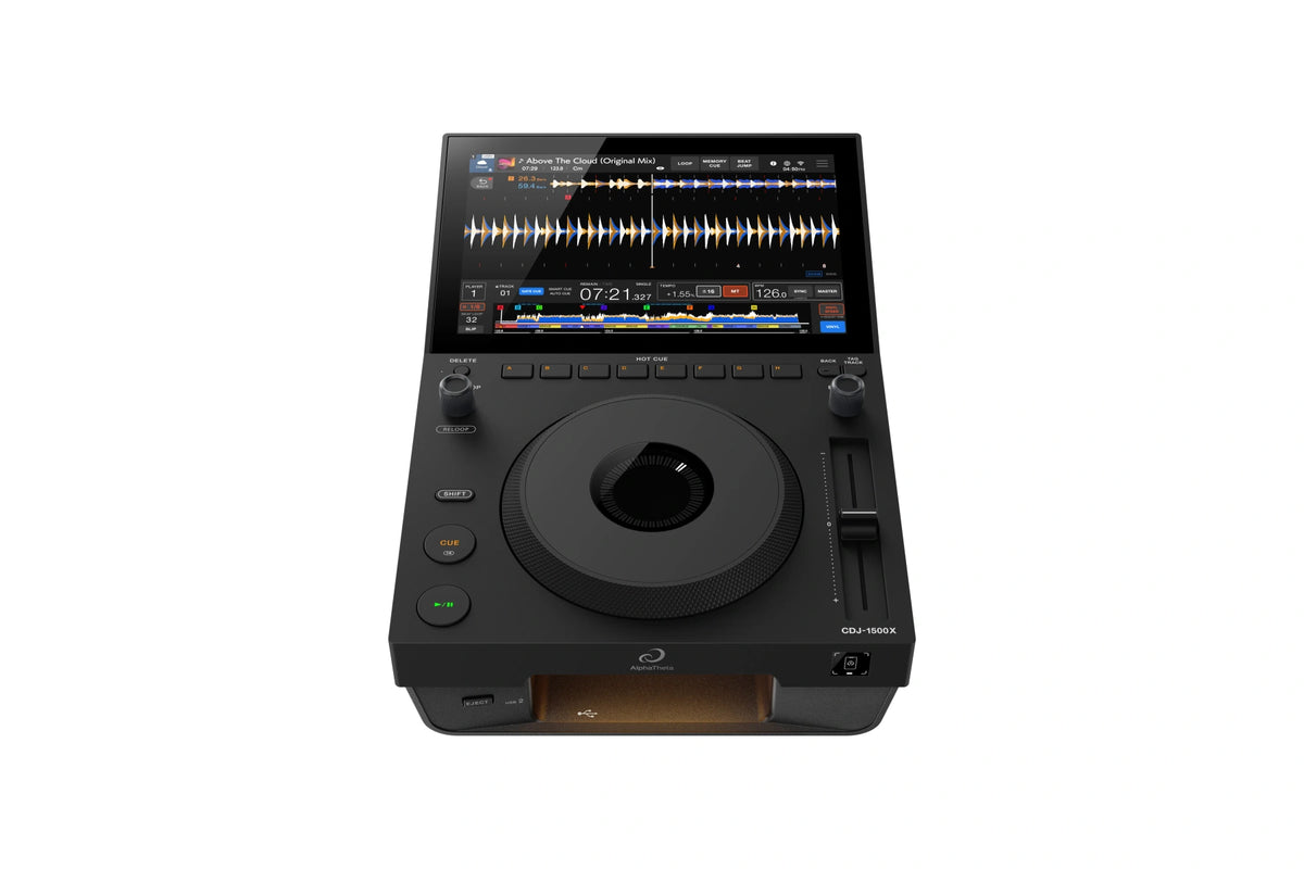 AlphaTheta CDJ-1500X player showing touchscreen, jog wheel, and front USB port