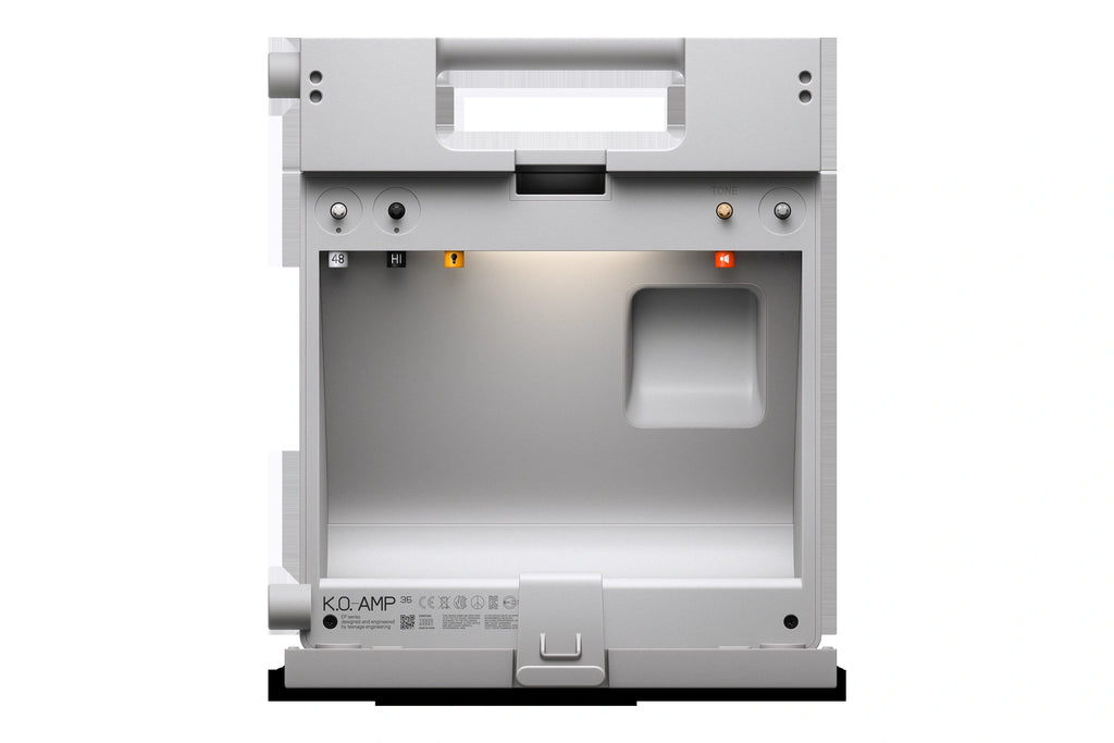 Teenage Engineering EP-35 portable speaker, rear view showing storage compartment and carry handle