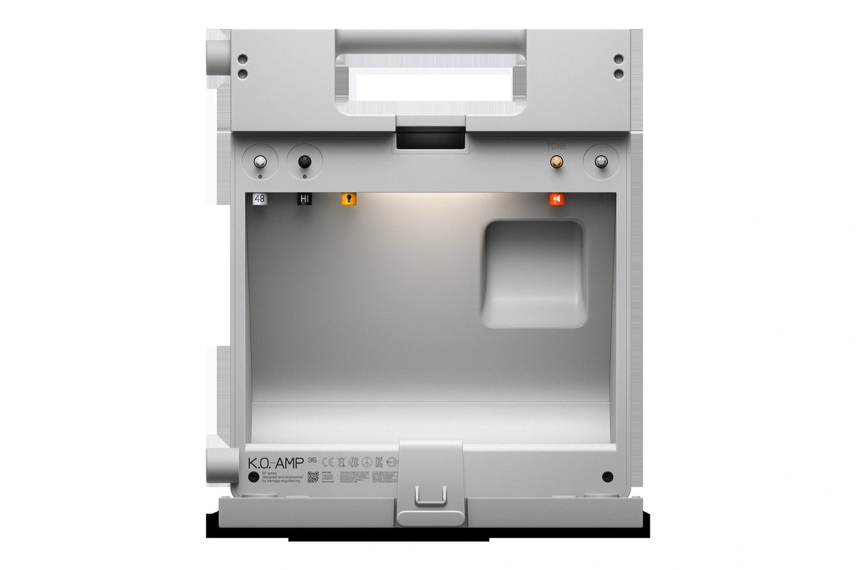 Teenage Engineering EP-35 portable speaker, rear view showing storage compartment and carry handle