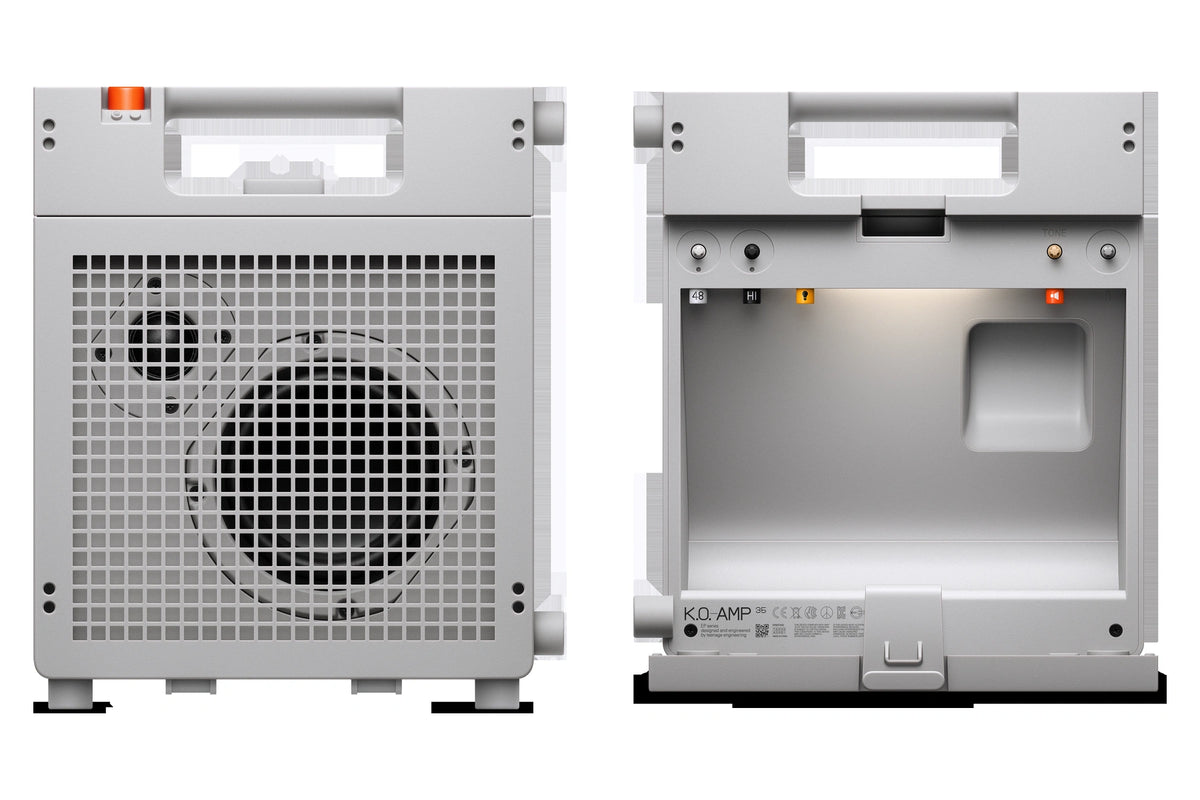 Front and rear views of the same Teenage Engineering EP-35 portable speaker