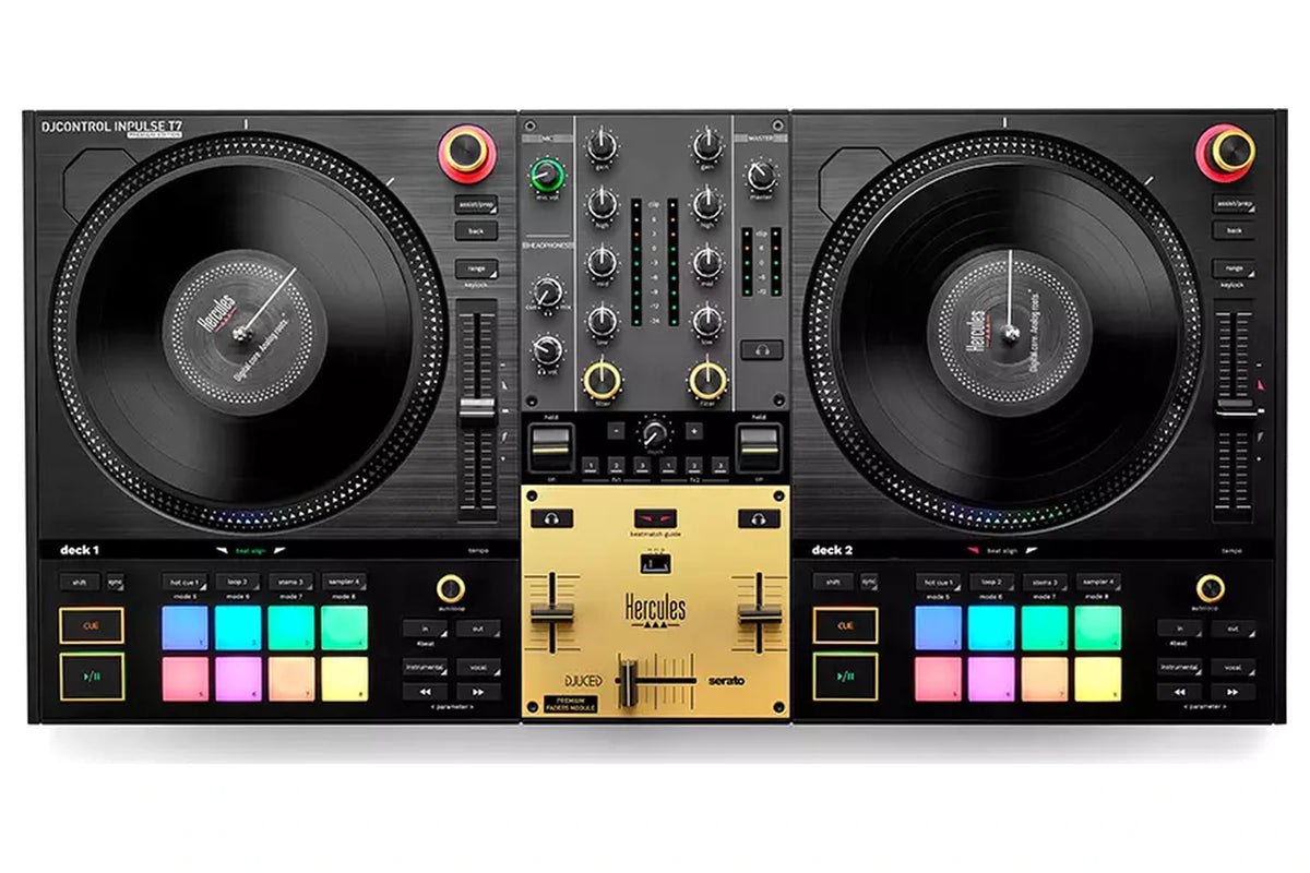Hercules DJControl Inpulse T7 Premium Edition top view with motorized platters and gold accents