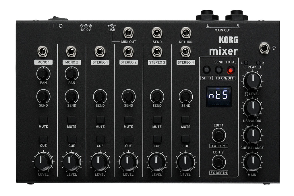 Top view of the Korg Nu:Tekt NTS-4 six-channel performance mixer