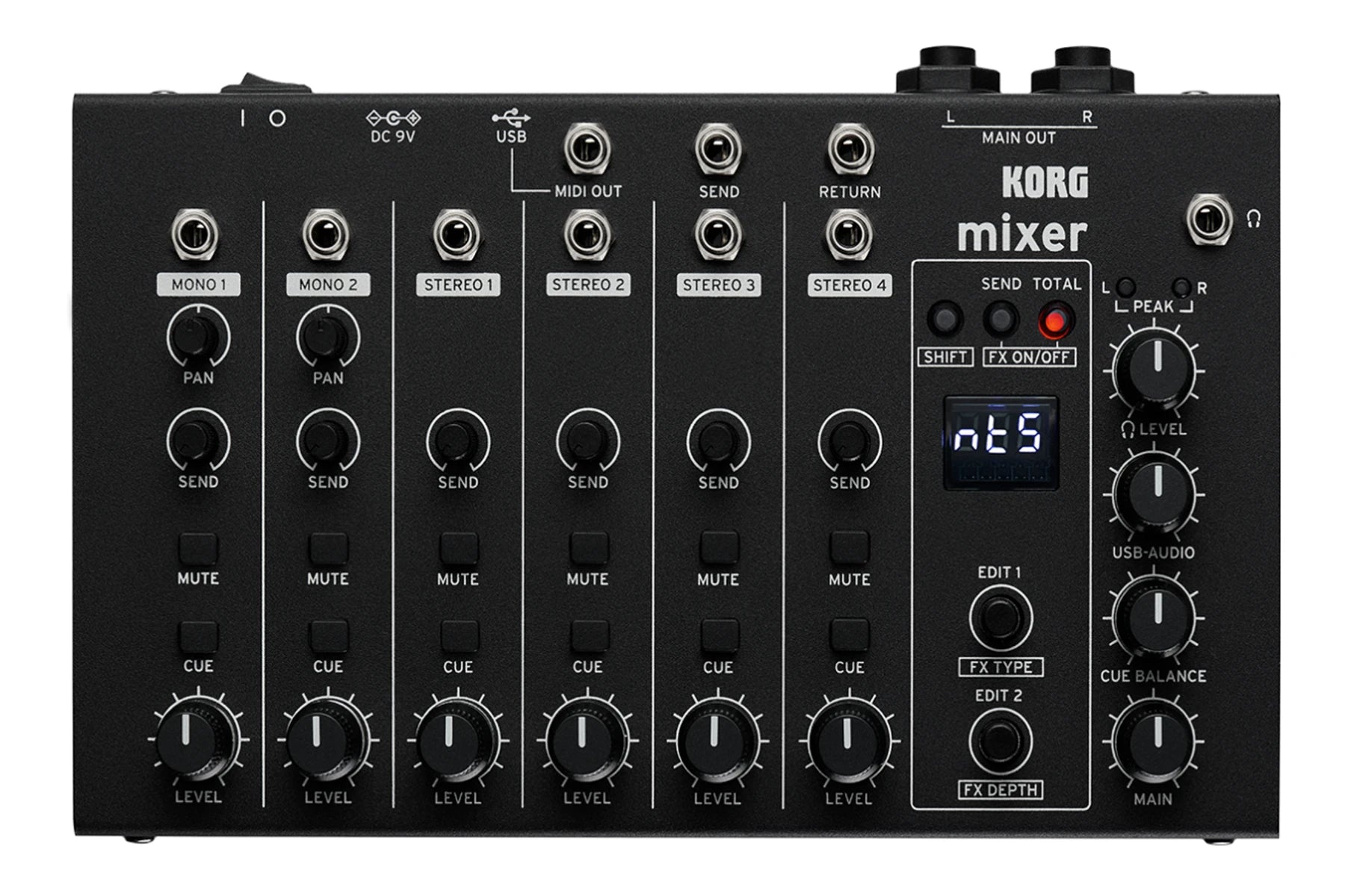 Top view of the Korg Nu:Tekt NTS-4 six-channel performance mixer