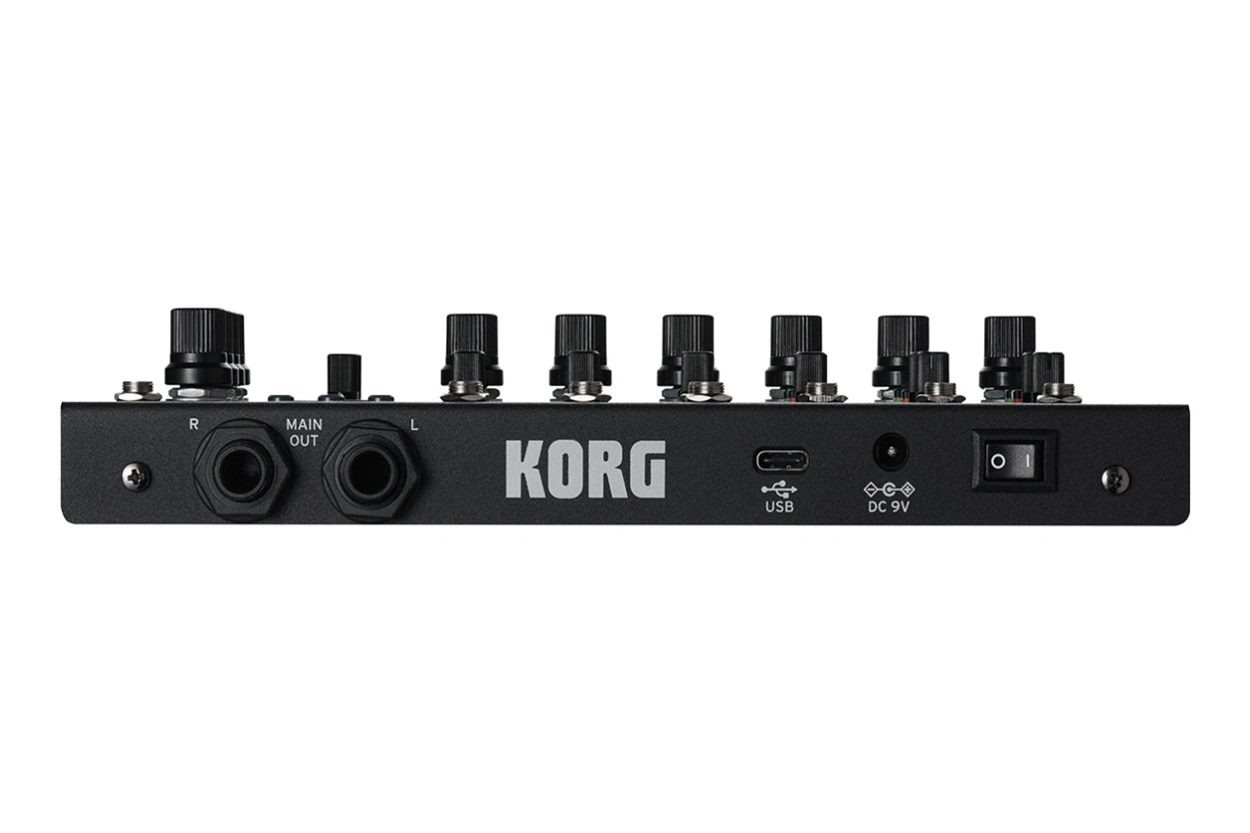 Rear panel view of the Korg Nu:Tekt NTS-4 with main outputs, USB-C, DC power input, and power switch