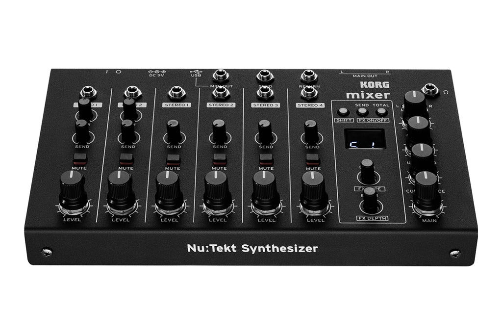 Front angled view of the Korg Nu:Tekt NTS-4 showing its six-channel controls and effects section