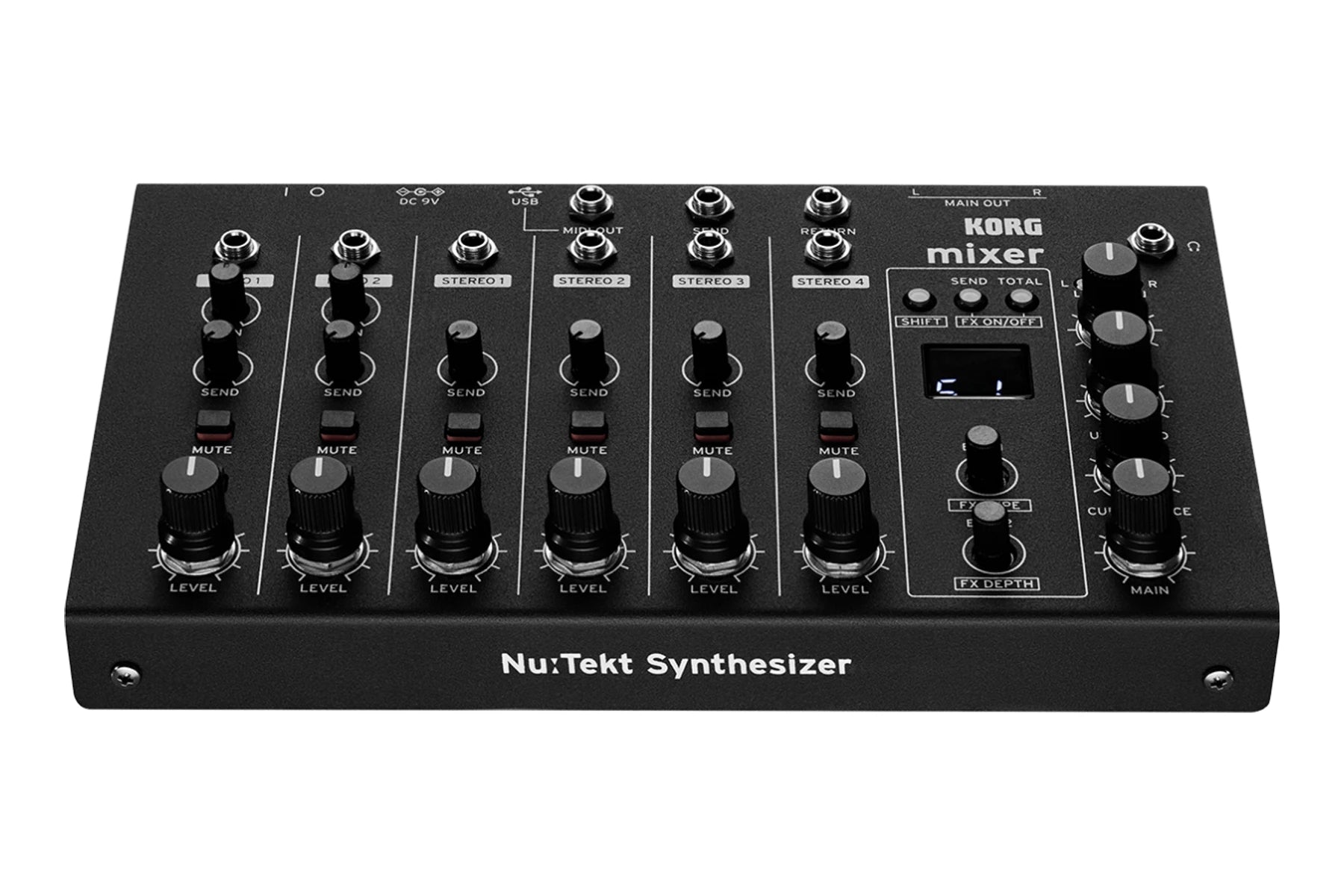 Front angled view of the Korg Nu:Tekt NTS-4 showing its six-channel controls and effects section