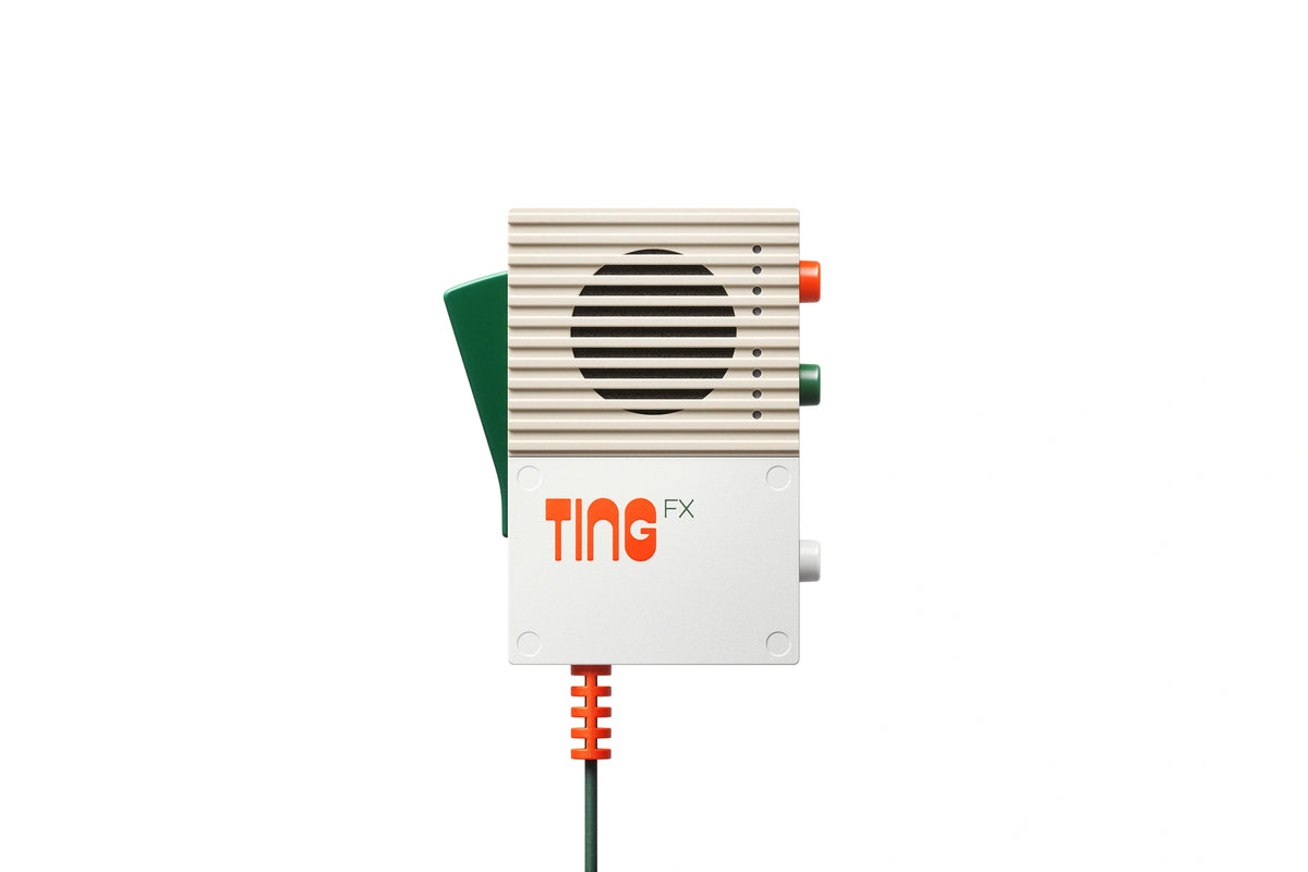Original Teenage Engineering EP-2350 TING front view with cream grille, TING FX branding, green lever and orange accents