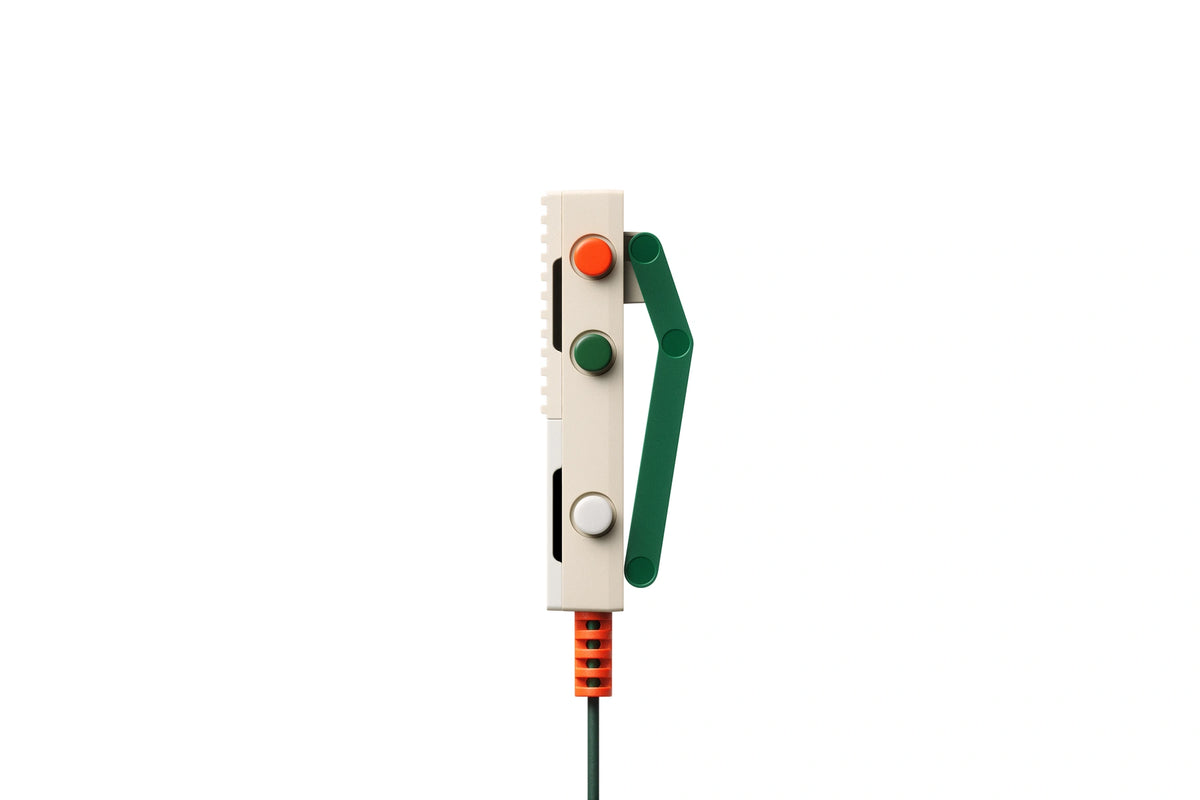 Original Teenage Engineering EP-2350 TING side view with green modulation lever and orange controls