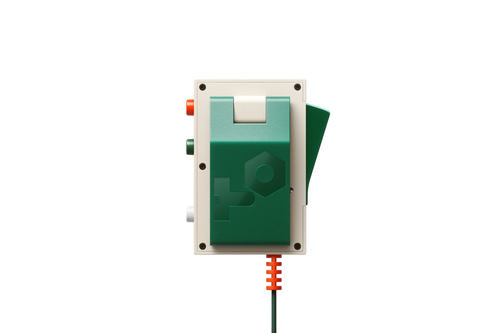Original Teenage Engineering EP-2350 TING rear view with translucent green back, cream body and green modulation lever