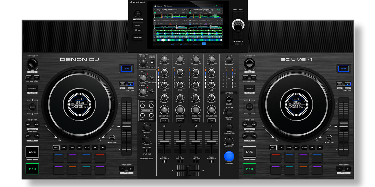 Denon DJ SC LIVE 4 - Controlador DJ autónomo, mezclador 4 canales,  streaming de  Music, WiFi, altavoces, compatible con Serato DJ y  Virtual DJ : : Instrumentos musicales